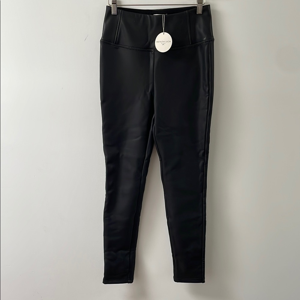 Patrizia Luca Milano faux leather leggings pants XS black shiny fleece lined NWT